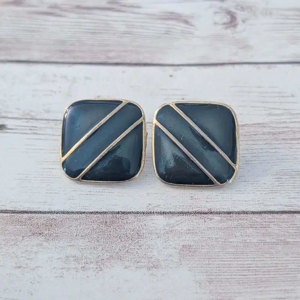 Vintage Clip On Earrings Dark Green & Gold Tone Retro Statement